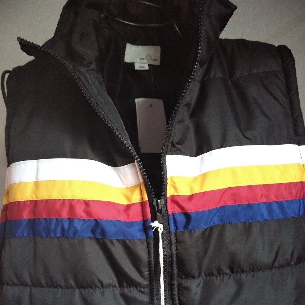 80-90s, Vintage Style Puffer Vest, Chest Stripe (WH/YL/RD/BL) | Craft+Flow